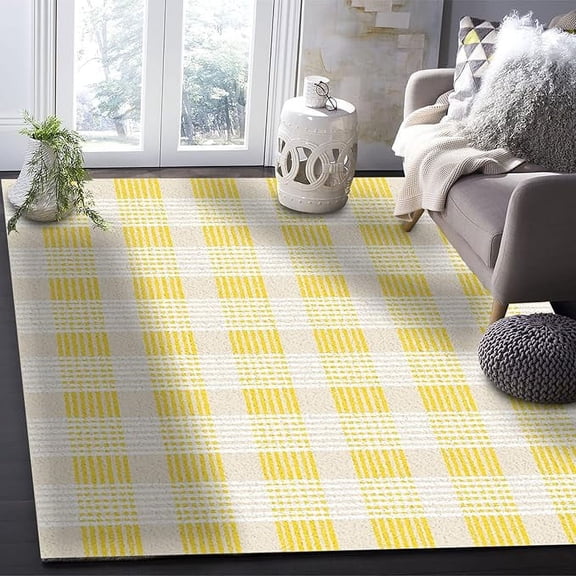 5 x 8ft Yellow Plaid Area Rug - Modern Outdoor Living Room Bedroom Area Rug Carpet, Country Rustic Farmhouse Plaid Geometric Check Kitchen Rug Front Porch Floor Doormat Runner Rugs