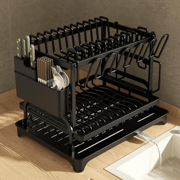 2-Tier Large Capacity Kitchen Dish Drying Rack with Drain Board, Rustproof Utensil Holder for Countertop