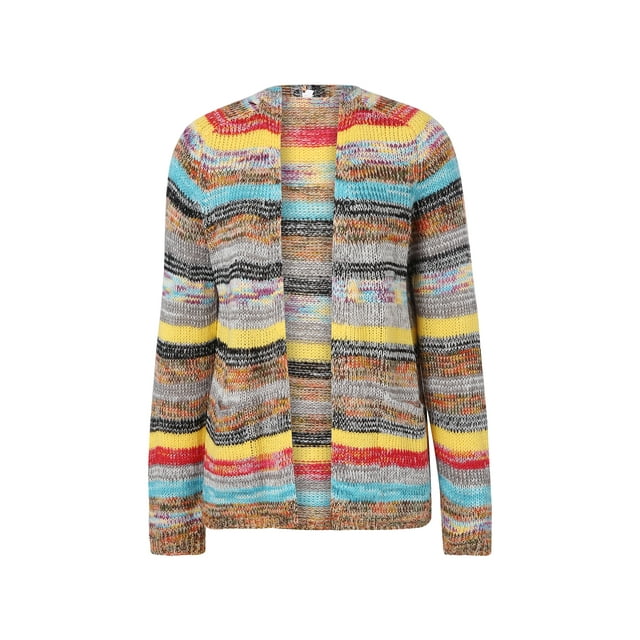 Fortune Cardigan en Tricot à Rayures Arc-en-Ciel pour Femmes, Manches Longues, Ouvert à l'Avant, Chandail P-3TG