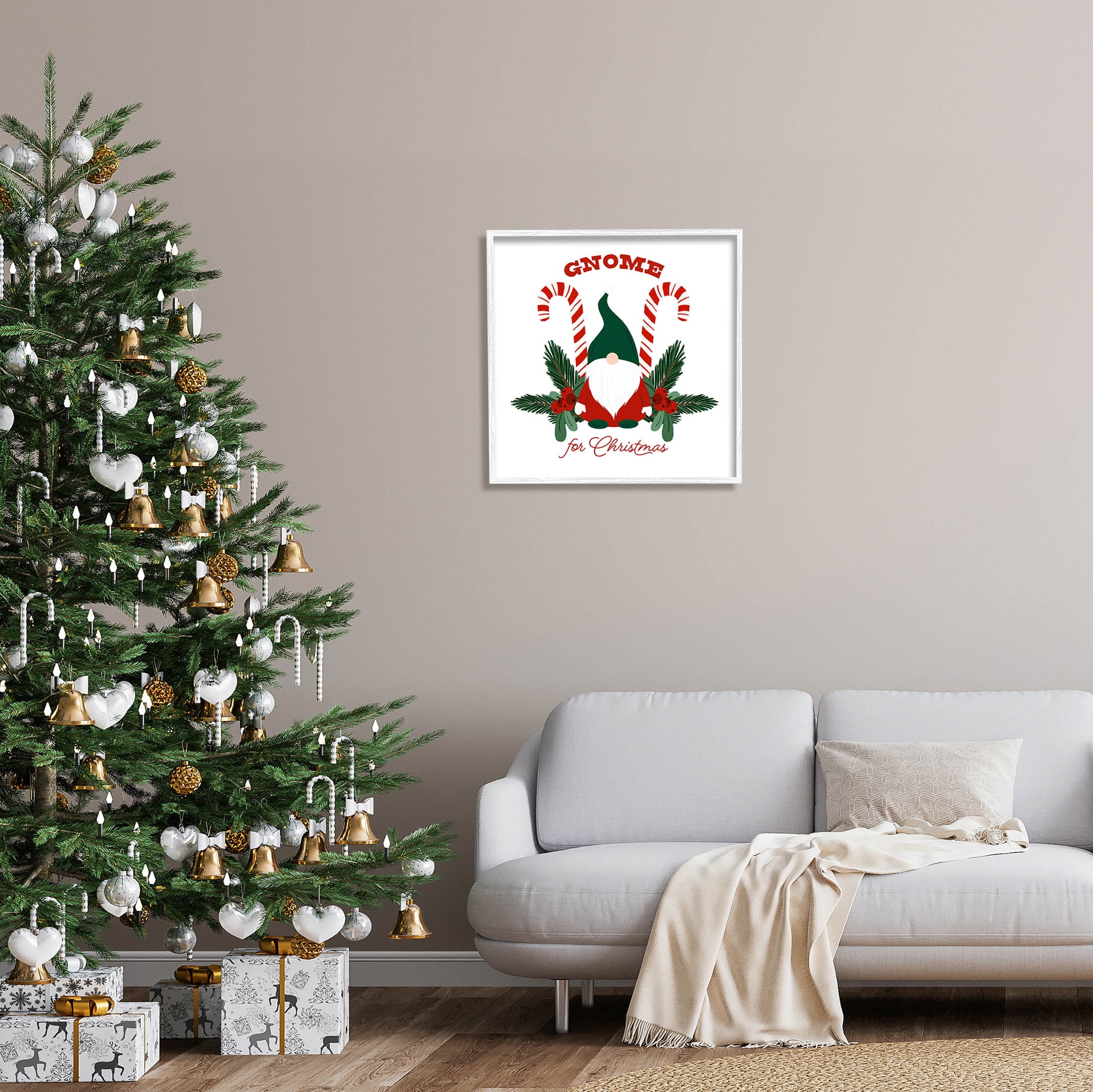 Stupell Industries Gnome For Christmas Candy Canes Graphic Art White Framed Art Print Wall Art, Design by The Saturday Evening Post