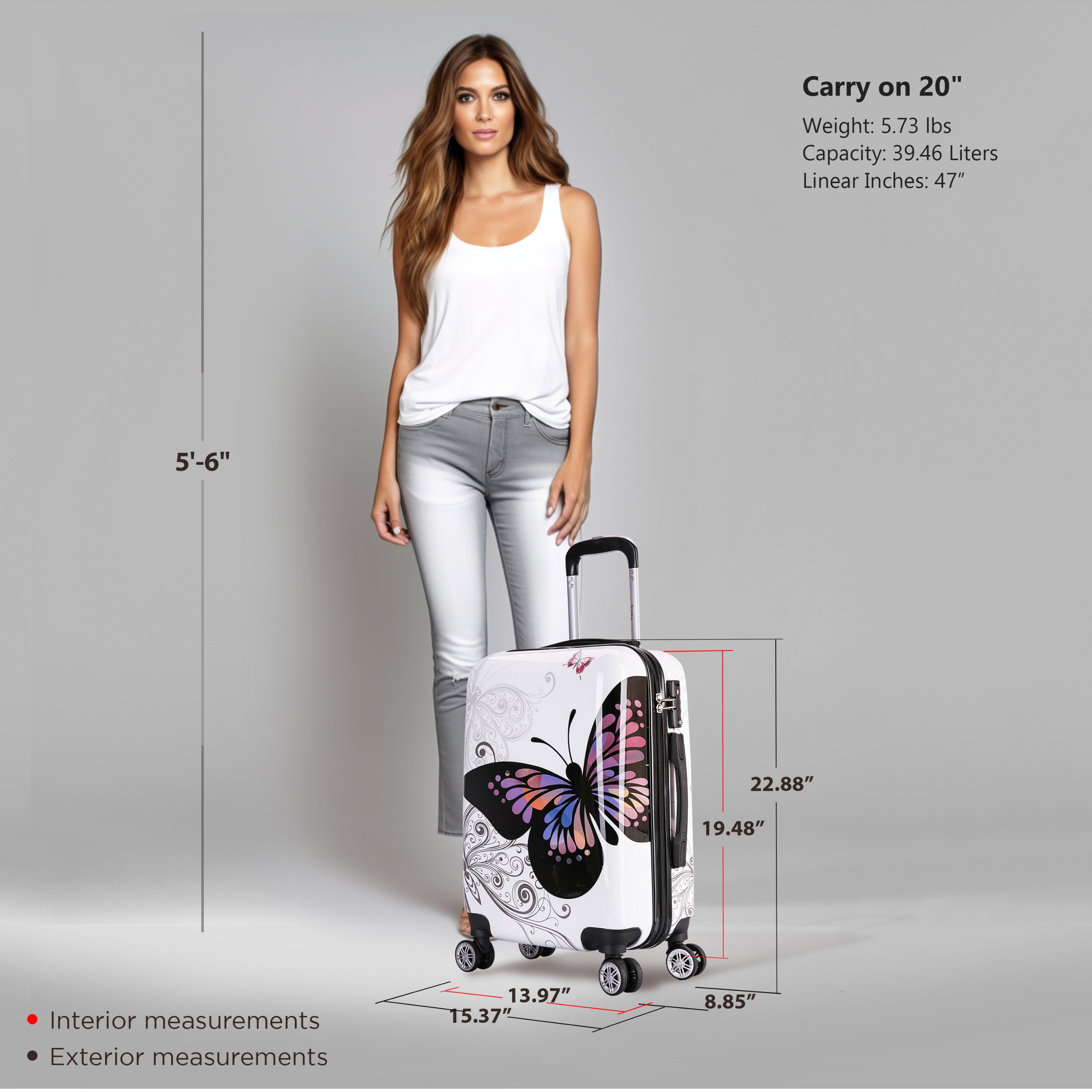 InUSA PRINTS lightweight hardside spinner 20 inch carry-on Butterfly