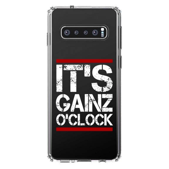 DistinctInk Clear Shockproof Hybrid Case for Samsung Galaxy S10  PLUS (6.4" Screen) - TPU Bumper Acrylic Back Tempered Glass Screen Protector - It's Gainz O'Clock Working Out