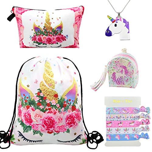 DRESHOW 5 Pack Unicorn Gifts for Girls Drawstring Backpack/Makeup Bag/Necklace/Coin Purse Unicorn Set