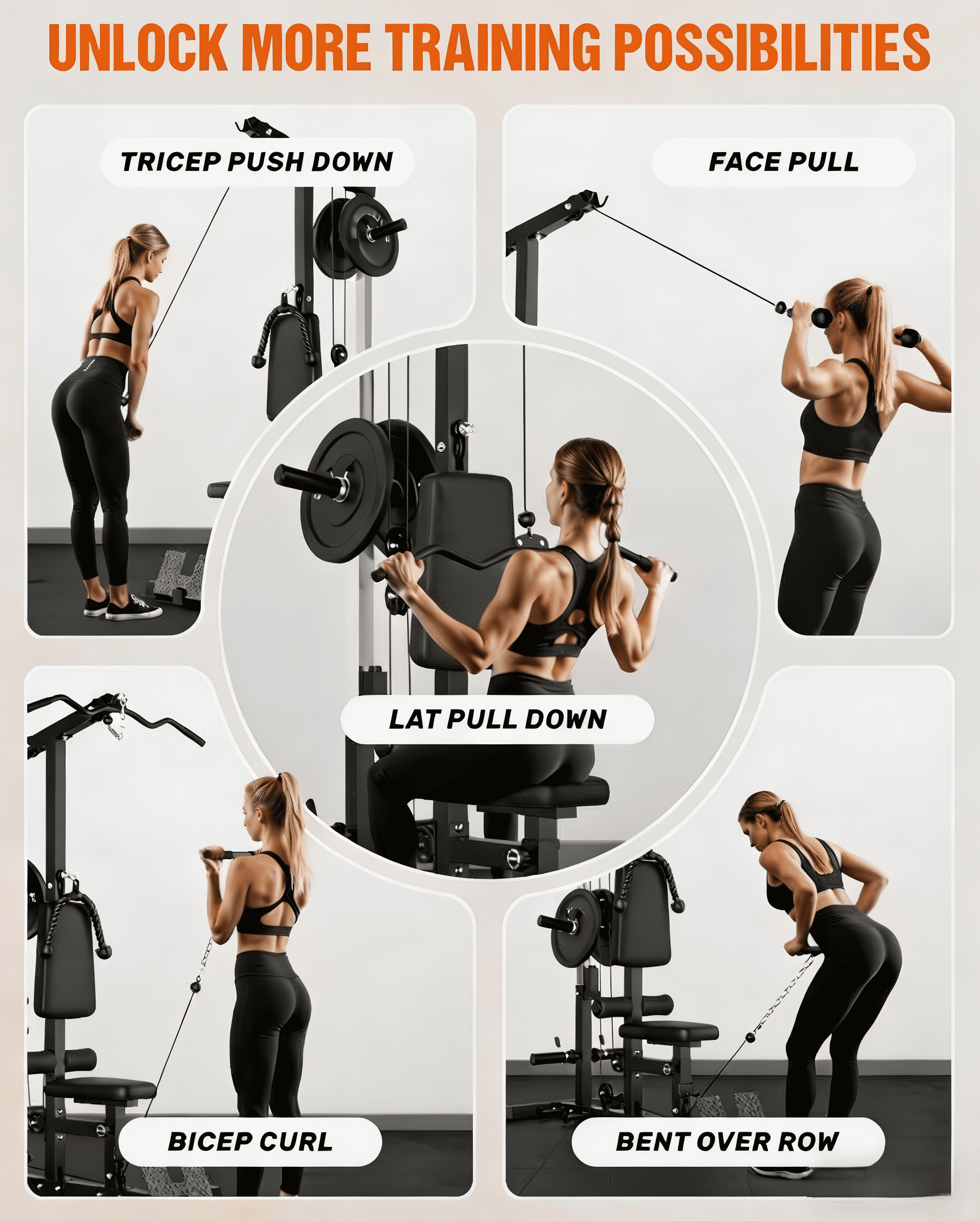 3 in 1 LAT Pulldown Machine, LAT Row Cable Machine with AB Crunch, LAT Tower with Cable Row Attachments, Pulley Stations for Home Gym