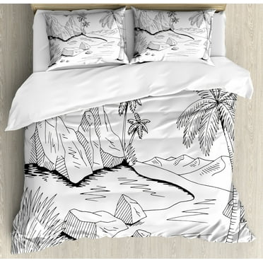 Oasis Duvet Cover Set Queen Size, Hand Drawn Pencil Sketched Outline Drawings of a Landscape Safari Elements, Decorative 3 Piece Bedding Set with 2 Pillow Shams, Charcoal Grey White, by Ambesonne