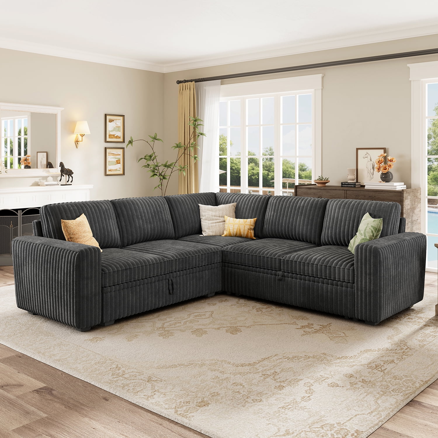 Marrber 84" Large Sectional Sofa with Pull-Out Sleeper Bed, Reversible Chaise & Hidden Storage, Pet-friendly Corduroy for Living Room, Gray