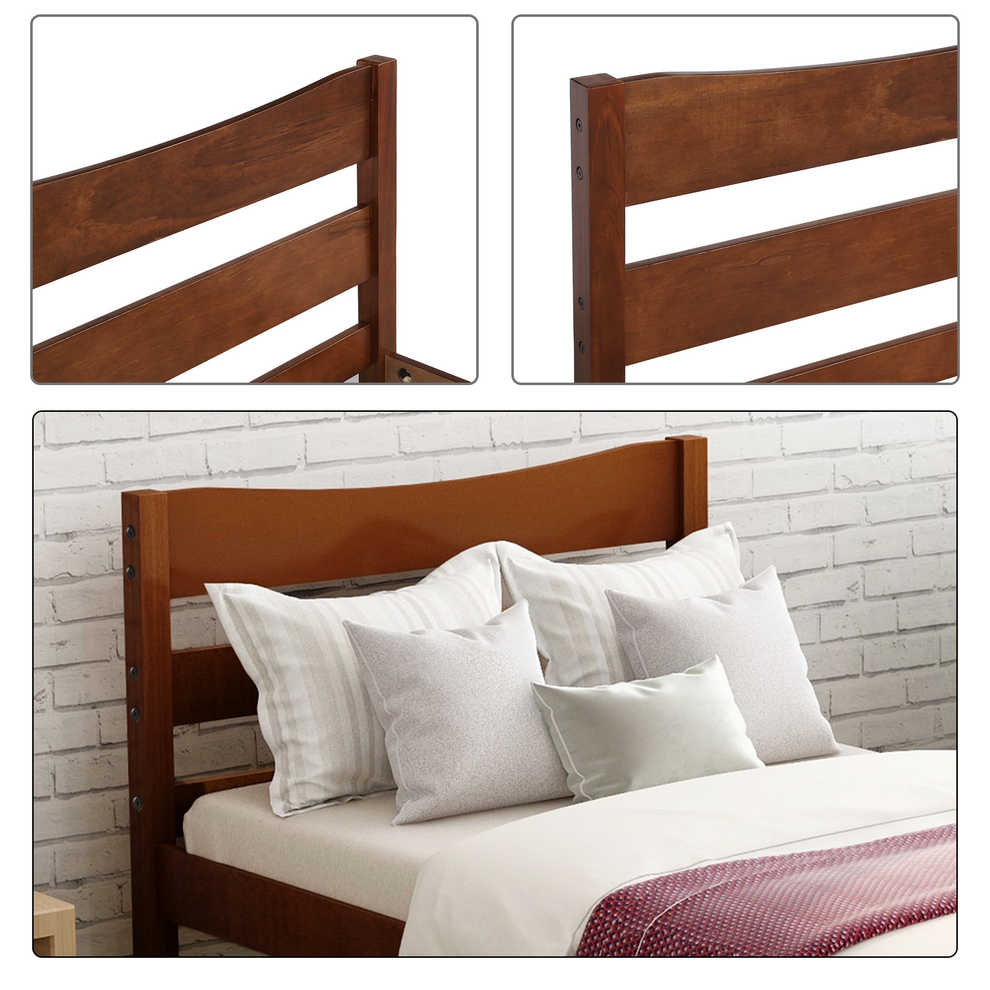 Hommoo Twin Size Wood Platform Bed with Headboard and Wooden Slat Support, Walnut