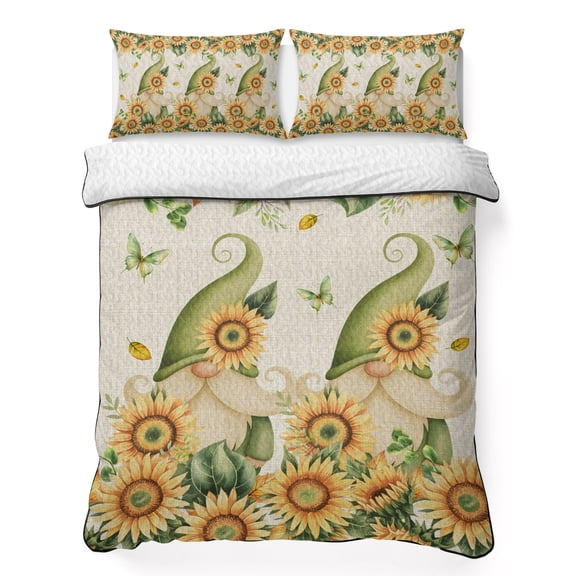Quilt Sets Queen Size Sunflower Gnome Comforter Set Soft Bedspread Coverlet 3 Pieces Floral Butterfly Deciduous Linen Quilted Bedding Set with 2 Pillowcases Thin Comforter Bed Cover 90x96 Inch