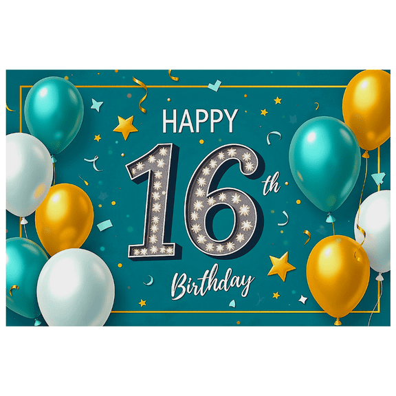 Teal Background Happy 16th Birthday Banner with Balloons Stars and Confetti Party Supplies Photography Props Birthday Decoration Backdrop Decorations