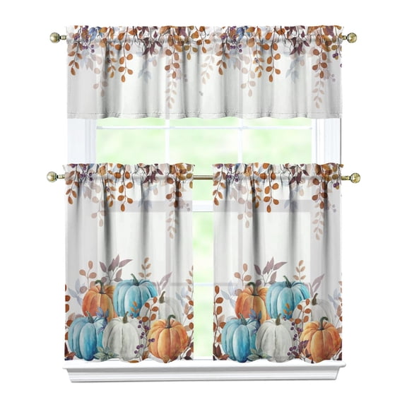 3-Piece Thanksgiving Kitchen Curtain Set - Ruffled Valance and Tier Curtains with Rod Pocket, Fresh Fall Harvest Pattern for Farmhouse Kitchen Windows Decor, 54"x18"   27.5"x36"x2