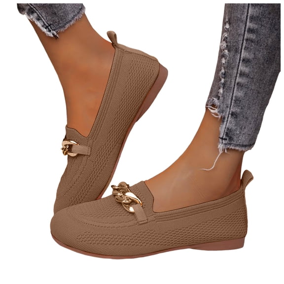 Rokment Womens Walking Shoes Slip on Penny Loafers with Wide Feet Lightweight Comfortable Mesh Metal Chain Low Heel Oxfords Flat Driving Dress Shoes Coffee Size 6.5