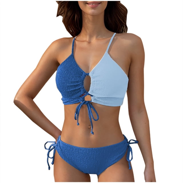 Traje de baño de dos piezas para mujer, trajes de baño para mujer, bikini de dos piezas con tirantes contrastantes de color dividido para mujer