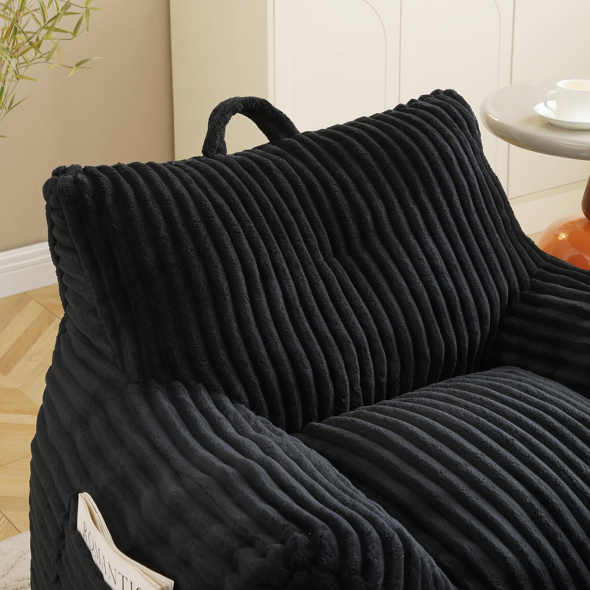 FFZ Giant Black Plush Bean Bag Chair For Adults With Armrests Footstool