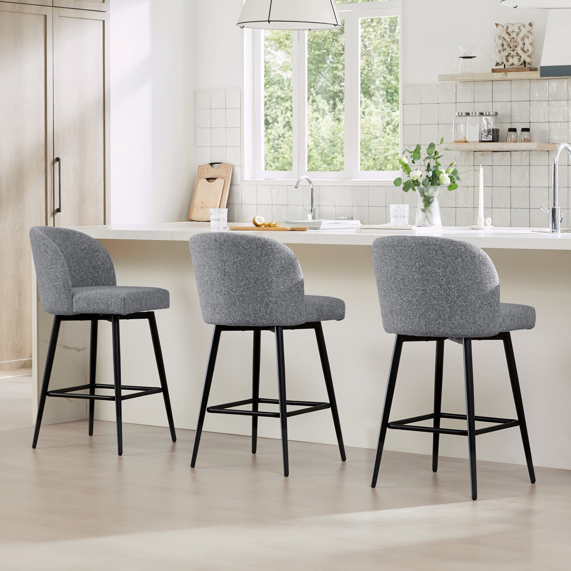 CHITA 27" Swivel Upholstered Counter Bar Stools Set of 2 with Back & Metal Legs, Fabric in Gray