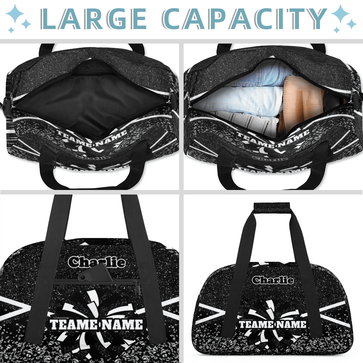 Personalized Cheerleader Bag Dance Bag, Custom Team Bag Gym Bag Sport Duffel Bag, Weekender Bags Travel Bag for Cheer Team Black Glitter