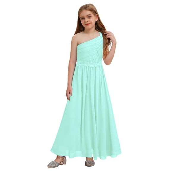 Manyakai Junior Bridesmaid Dresses Girl's One Shoulder Wedding Pageant Party Ball Gown Mint Green 10