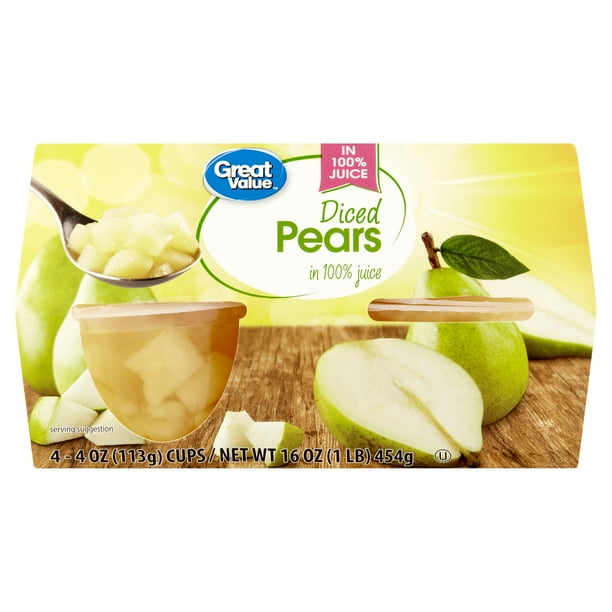 (4 Cups) Great Value Diced Pears Fruit Cups in 100 Juice, 4 oz