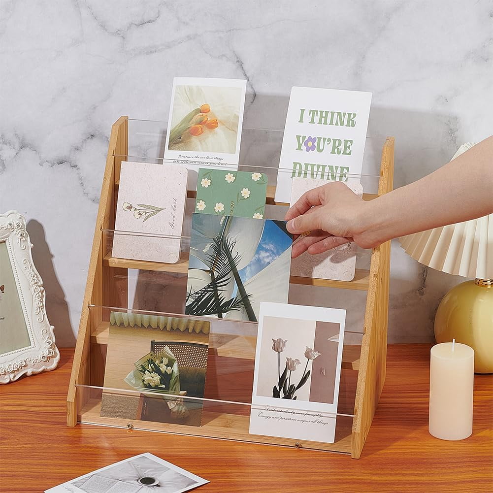 4-Tier Greeting Card Display Stands Bamboo Acrylic Display Case Postcard Rack Portable Sticker Display Stand Counter Retail Display Rack for Bookmark Counter Tabletop