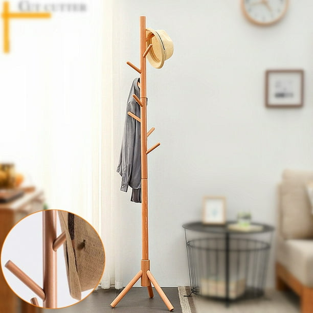 Solid Wood Coat Rack Wooden Hat And Coat Stand With 8 Hooks Entryway Hall Stand Free Standing Clothes Tree For Coat Hat Suit And Handbags For Living Room Bedroom