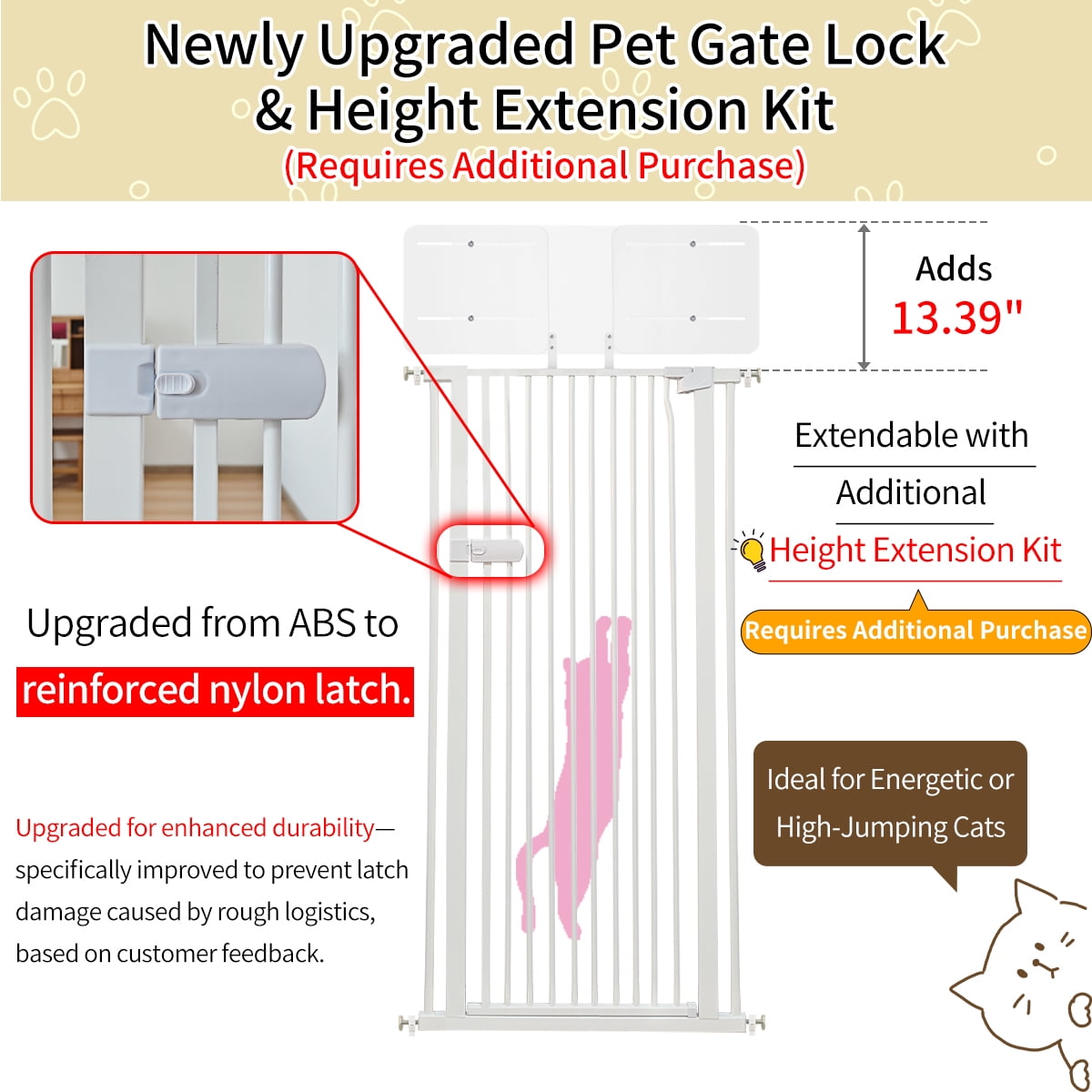 Lumizone Extra Tall Cat Gate 61.02" High Pressure Mounted White 34.25"-38.38" Extra Wide 2025 New (10 Sizes) 1.37" Gap No Drilling Auto-Close One-Handed Operation Tall Pet Gate for Dogs