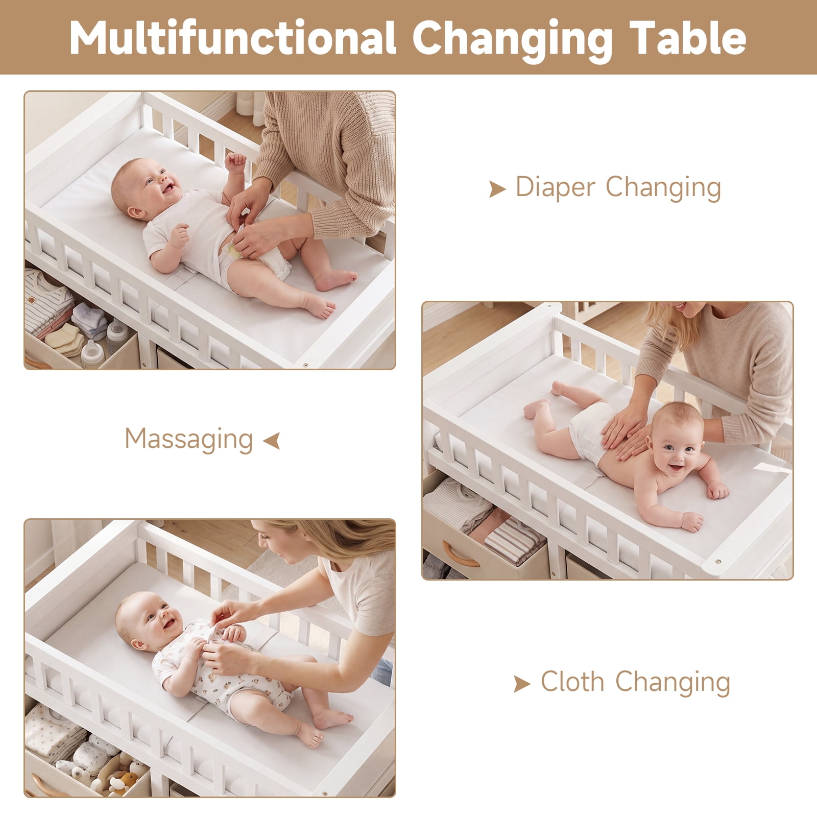 INFANS Baby Changing Table, Wooden Diaper Station Dresser with 3 Fabric Drawers, Laundry Hamper, Safety Belt, Pad for Nursery Infant
