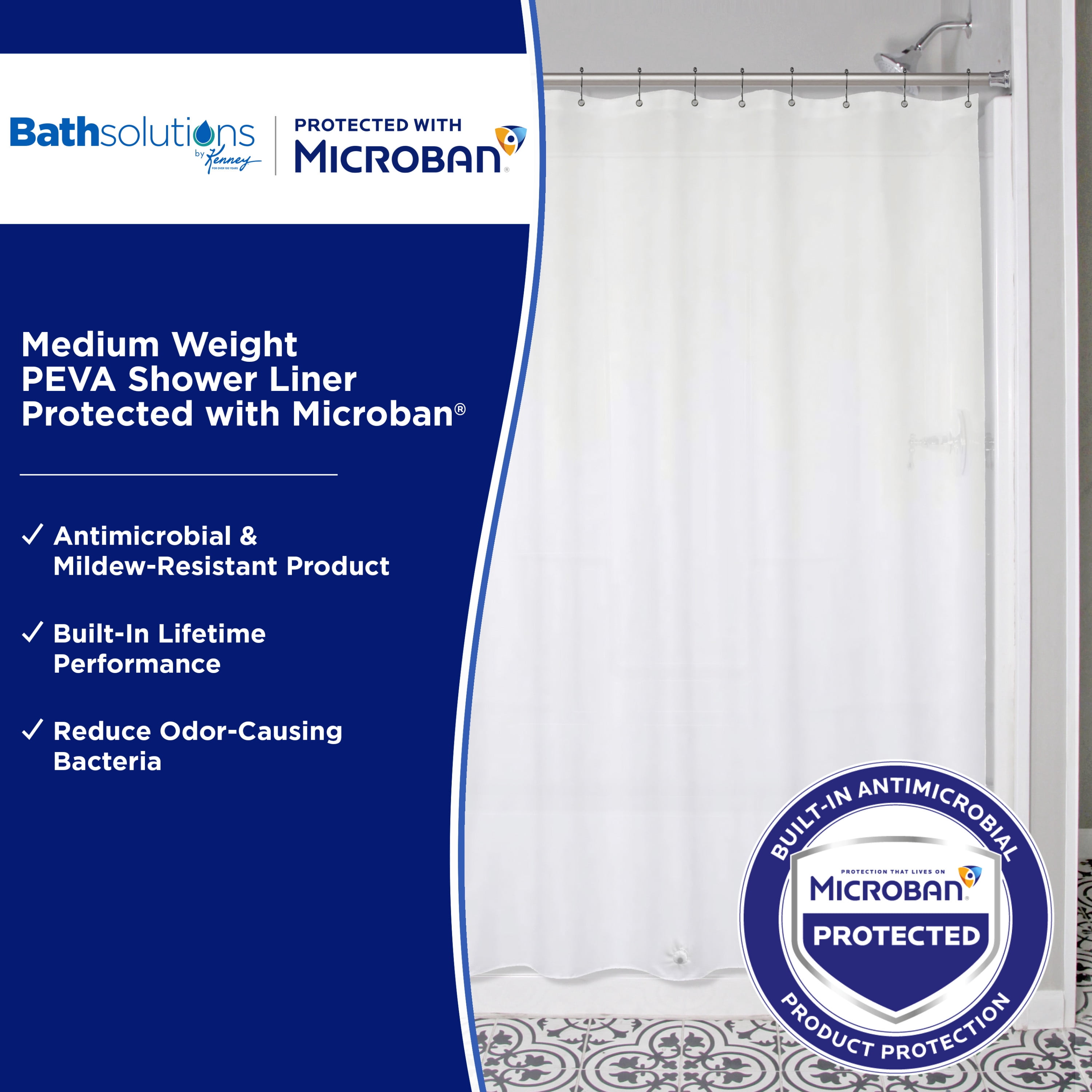 Kenney Microban Protected Medium Weight PEVA Shower Liner, 70" W x 72" H, Frosted