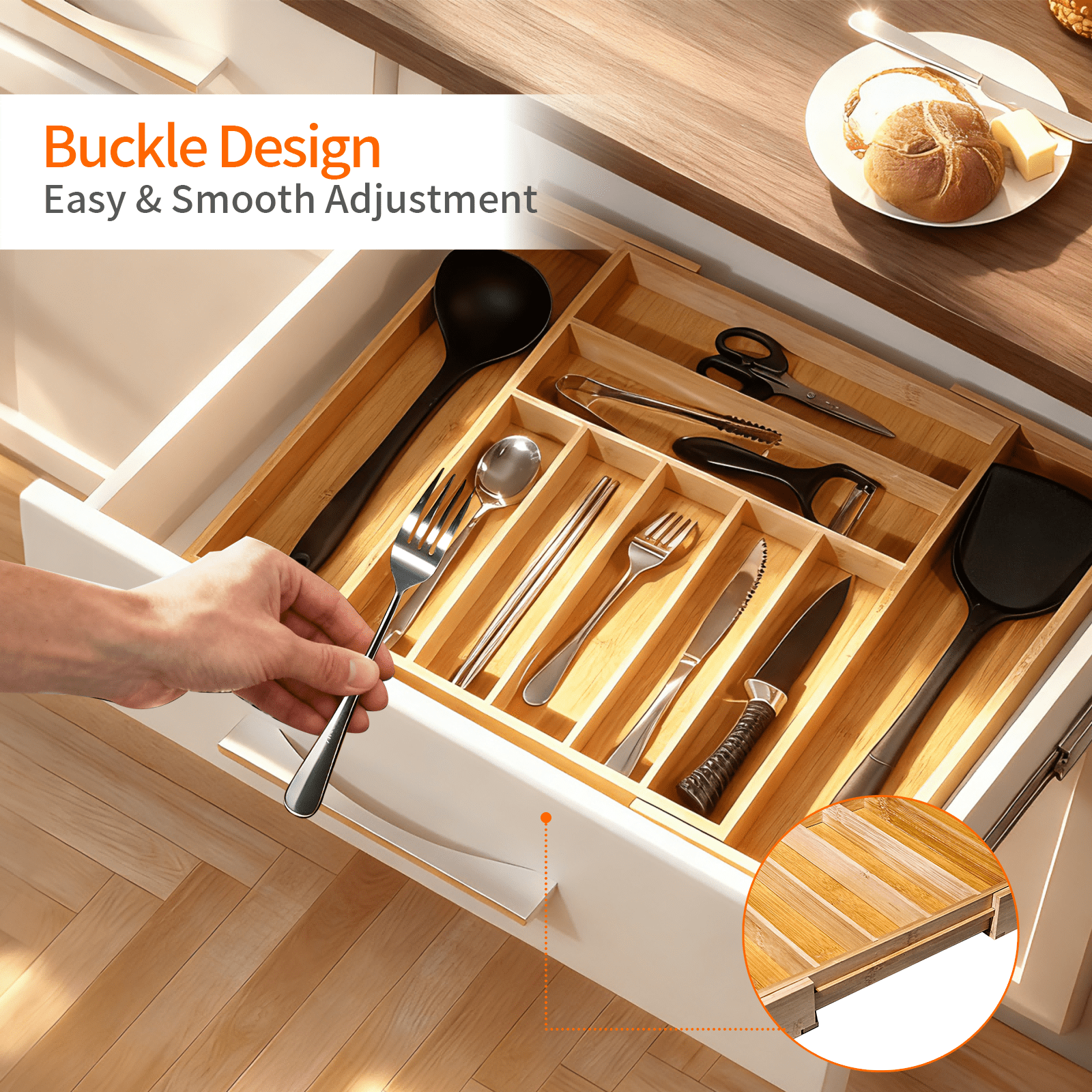 Bamboo Drawer Organizer Expandable 12.6” to 20” Wide, 9 Slot Silverware & Utensil Organizer Tray, Cutlery Drawer Dividers for Flatware, Knives, Spoons (Natural)