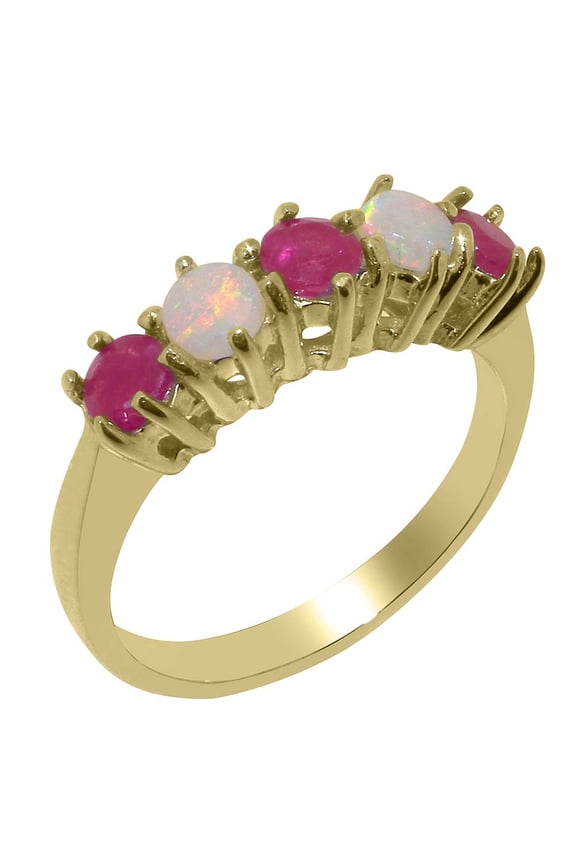 LBG British Made 18k Yellow Gold Real Ruby & Opal Womens Eternity Ring - 33 size options - Size 8.25