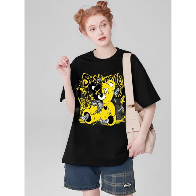 Vibrant Stitching Bear & Letter Print Relaxed Fit Crew Neck Drop Shoulder Casual T-shirt - Women's LCamisetas para mujer, lindas camisetas con estampado gráfico, de manga corta, estilo casual, para ve