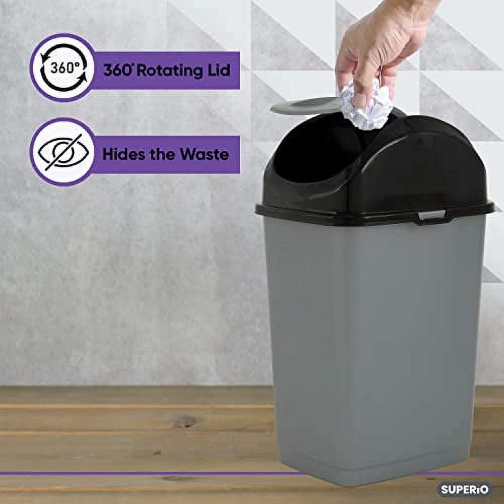 Superio Trash Can for Dorm Room with Lid 4.5 Gallon Plastic Garbage Can with Swing Top Lid, Medium Slim Waste Bin with Cover for Home, Kitchen, Office, Bedroom, Bathroom, College- 18 Qt (Grey/Black 2)