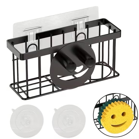 UHIAGREE Sponge Holder for Kitchen Sink,Dish Brush Organizer with Suction Cup & Adhesive Hook(Black)
