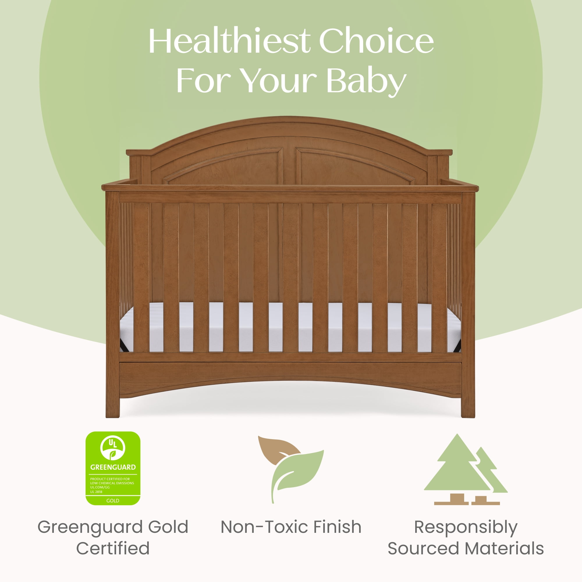 Delta Children Perry 6-in-1 Convertible Crib, Greenguard Gold Certified, Converts to Toddler Bed, Daybed, Sofa Bed & Full-Size Bed with/without Headboard, Fits Standard Crib Mattress, Chestnut