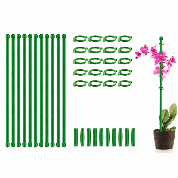 16 Pack Plant Stakes & Sticks: Adjustable 11 & 17 Inch Green Garden Stakes for Plants with Clips & 20 Ties, Plant Supports for Indoor Outdoor Potted Plants, Tomatoes, Orchids & Vegetables