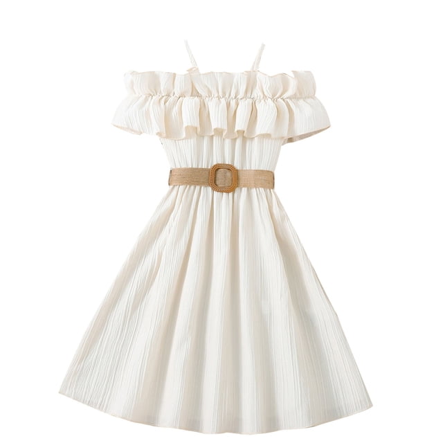 Odeerbi Vestidos de Gasa de Verano de Las Niñas Ruffle Fuera Del Hombro Vestido Sin Mangas de Color Sólido