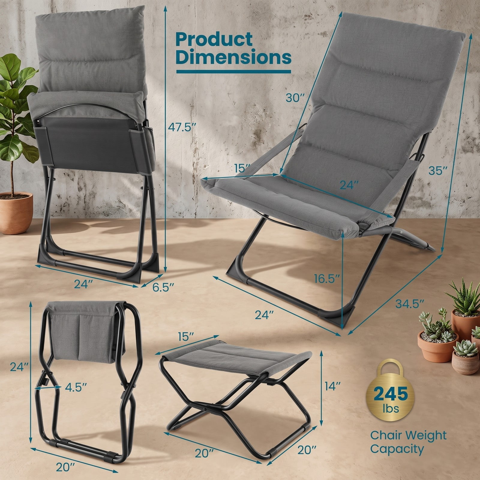 Furnibear Folding Padded Sling Chair with Ottoman Footrest and Removable Cushion for Outdoor Patio and Camping Use, Gray