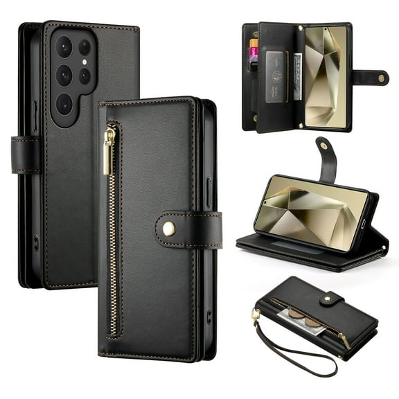 for Samsung Galaxy S24 Ultra Wallet Case with Crossbody Strap & Card Holder, Fashion Flip PU Leather Magnetic Clasp Cover for Women Men, Zipper Pocket Purse Case for Samsung Galaxy S24 Ultra, Black