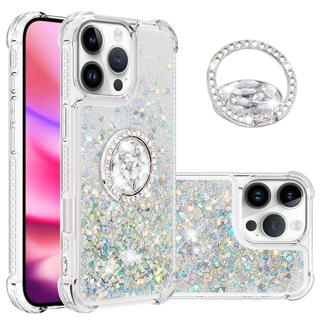 Funda para iPhone 16 Pro con Brillo Líquido Flotante, Purpurina, Parachoques y Anillo Giratorio Soporte