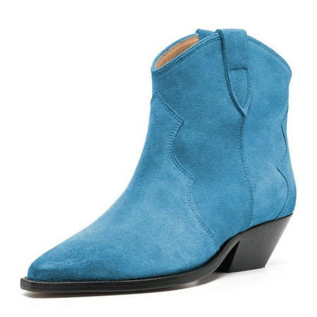 FSJ Women Western Cowboy Cowgirl Stacked Low Heel Short Boots Faux Suede Pointed Close Toe Pull On Retro Ankle Booties Formal Outfit Shoes Size 15 Blue
