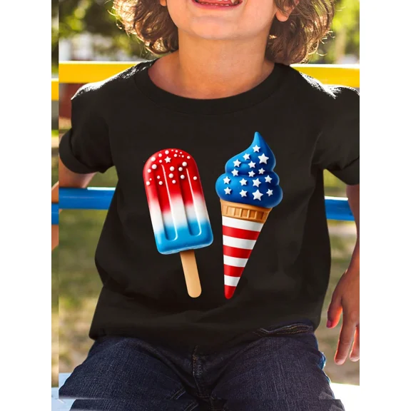children’s wear Retro Patriotic 4th of July Stars and Stripes Popsicle Ice Cream Graphic T-Shirt for Kids Boys Girls Toddler Summer Short Sleeve Tee
