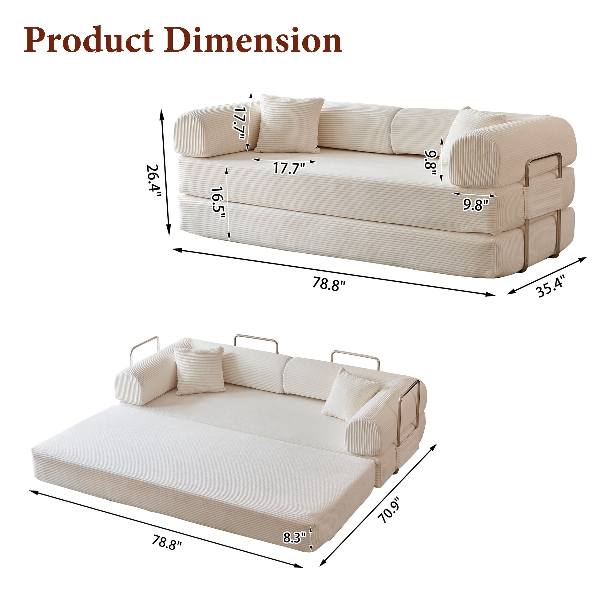 Howcool Convertible Floor Sofa Bed,78.8"W Corduroy Futon Sleeper,Boneless Modular Couch,Folding Floor Sofa Compression Sofa for Living Rooms,No Assembly Required,Beige White