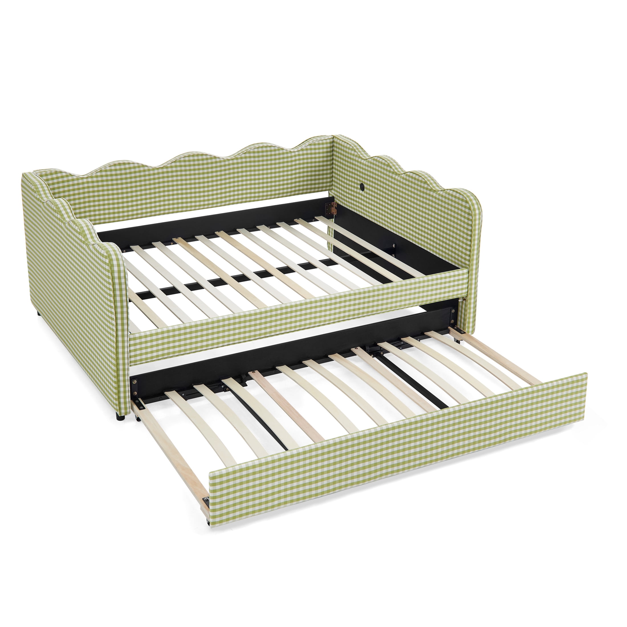 Noble House Wesley Full Size Waved Daybed, Cozy Gingham Linen Sofa Bed with Twin Trundle and Charging Port, Green