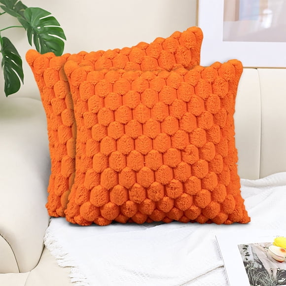 Lot de 2 Housses de Coussin Décoratives en Peluche Super Douce Orange 18 x 18 Pouces Fausse Fourrure Laine Velours, Housses de Coussin en Peluche pour Décoration Maison Canapé Lit Salon