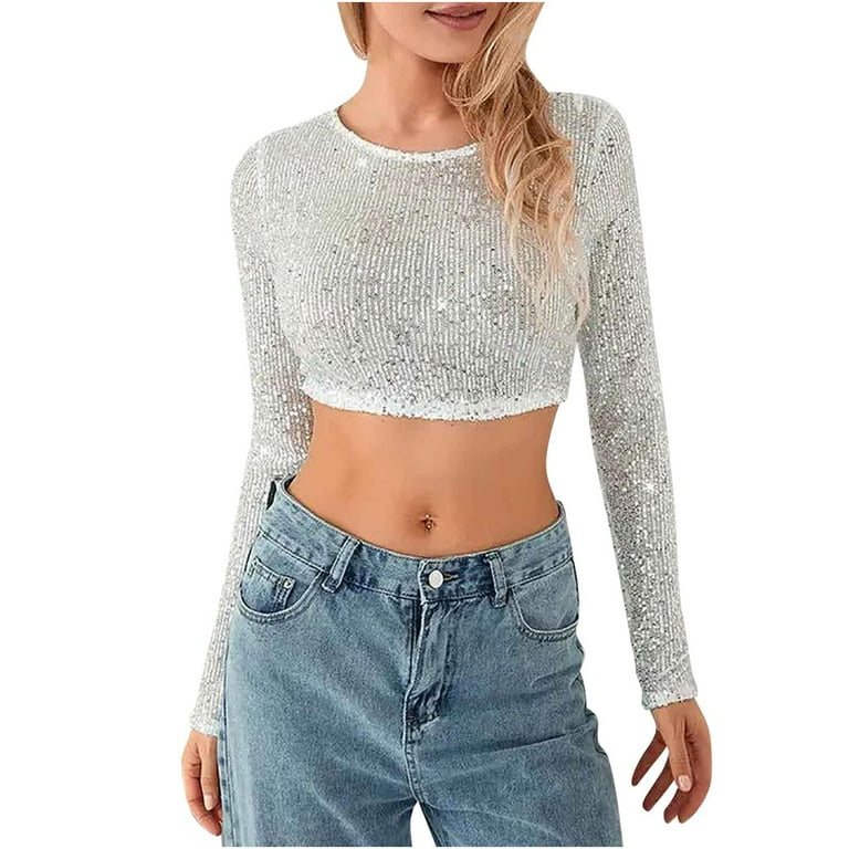 トップス Women's SPARKLE LOGO CROPPED L/S TEE Sequins-Crop-Tops-for-Women-