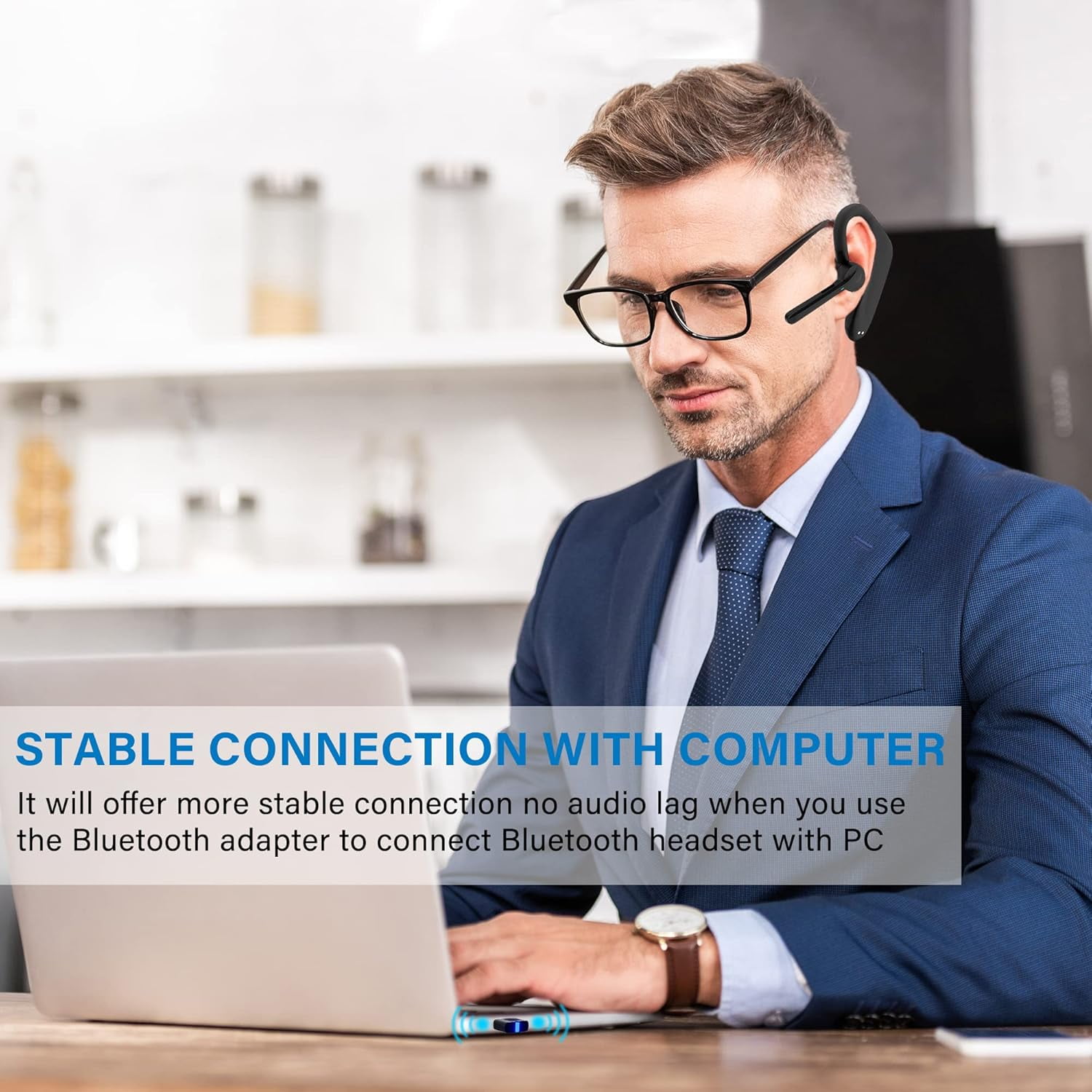 Sunitec Single-Ear Wireless Headset with Dual Microphones, Noise Cancelling, USB Dongle, 45H Talk Time, for PC/Mac