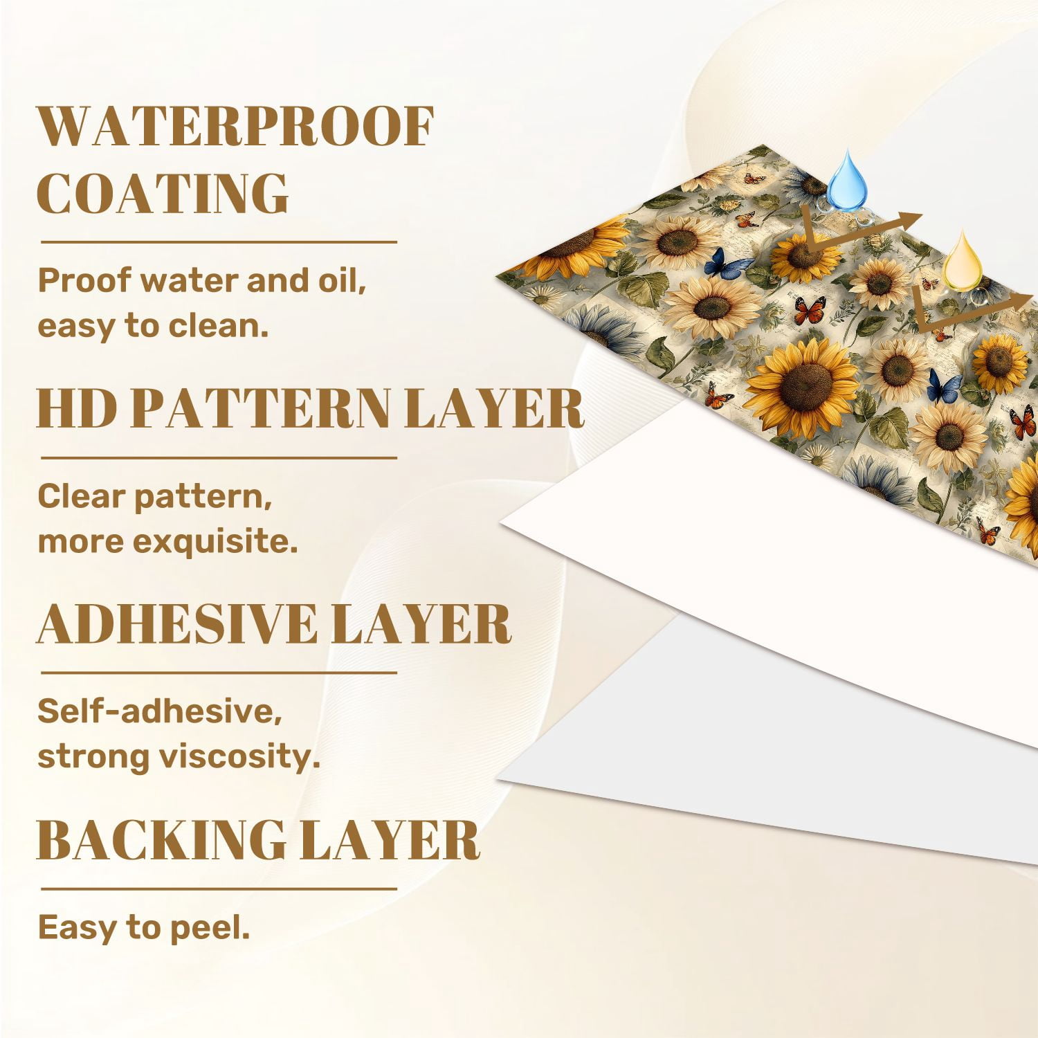 Peel and Stick Wallpaper Vintage Sunflowers Butterflies Botanical Notes Wall Mural 23.6in x 9.8ft Self Adhesive Removable Wall Paper Renter Friendly Wallpaper for Nursery Bedroom Cabinets