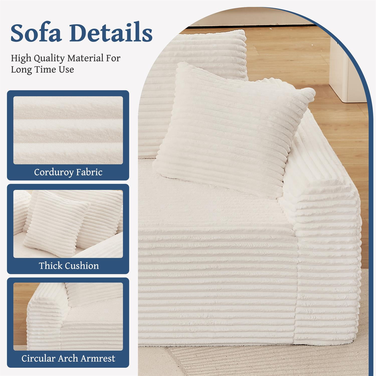 Demi Bonn 103" Cozy Corduroy Sectional Sofa with Arched Armrests, Non-Slip Base, 3 Back Cushions and 2 Throw Pillows, Full-Compression Chaise Lounge Couch Set, White