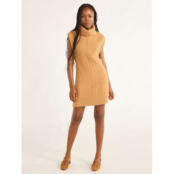 sleeveless cable knit sweater dress Ailaoyou Women's Sleeveless Knit Sweater Dress Solid Color Crew Neck Knitted Dress Fashionable Slit Bodycon Dress Tie Waist Slim Fit Pullover Sweaters Dress Female (SF1242 Apricot,S) at Amazon Women's Clothing store