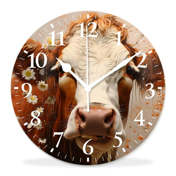 12 Inch Wall Clock Battery Operated Silent Clock Decorative for Office, Kitchen, Outdoor, Living Room，Brown and White Cow Animal Painting