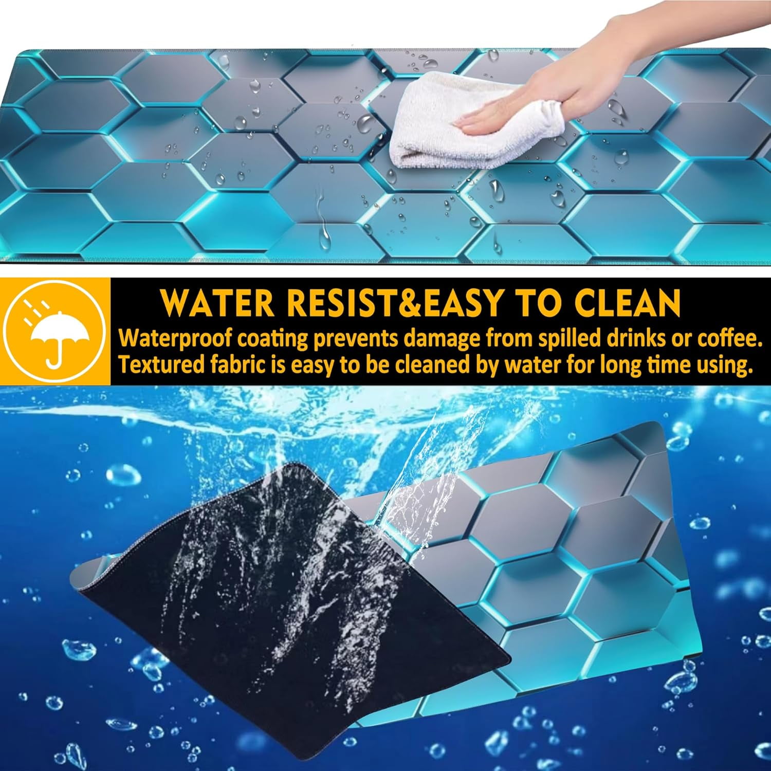 Gaming Mouse Pad,Honeycomb Hexagon Desk Mat,31.5""X15.7"" Large Desk Pad with Stitched Edge Non-Slip Base Keyboard Big Mouse Pad for Office Home Work Gaming-Blue, WDQ-D01