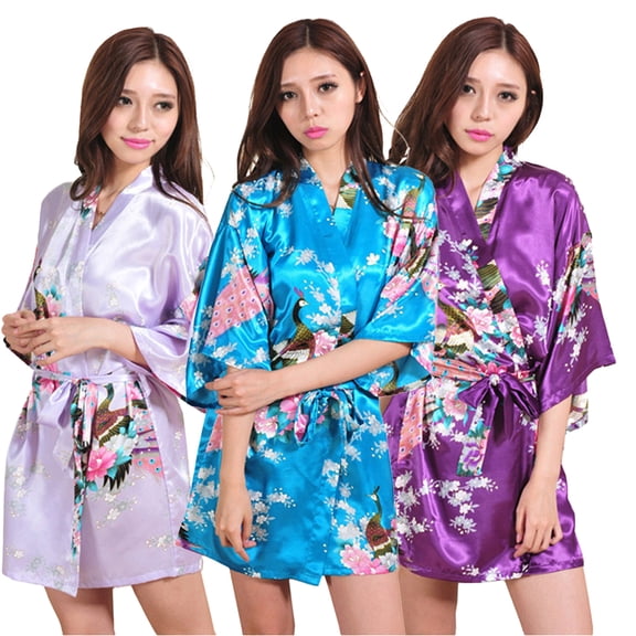 LYMAYTER Women Fashion Sleepwear Peacock And Blossom Soft Bathrobe V Neck Satin Short Robe for Wedding Party S-2XL